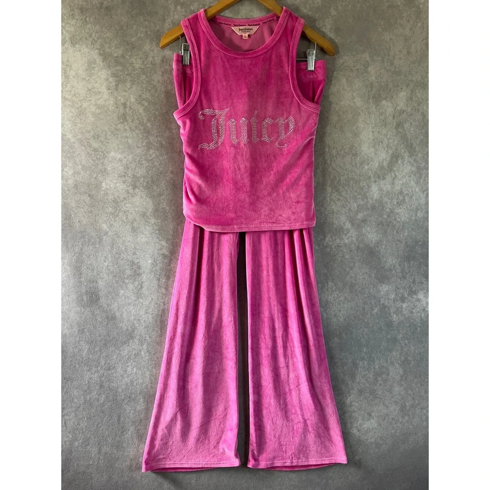 Juicy Couture Velour Lounge Set Women Large Pink Rhinestone Tank Wide Leg Pants